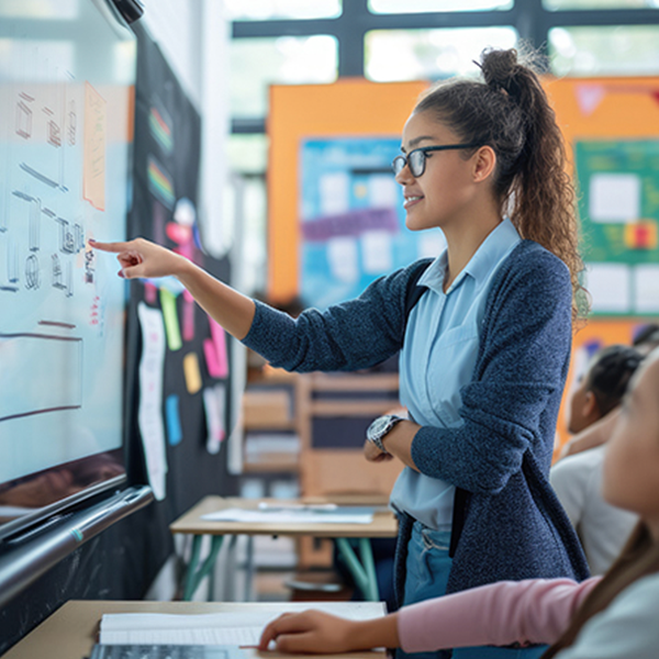 A female instructor teaching classroom of children on whiteboard.