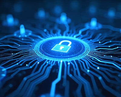 Glowing padlock icon over blue circuitry representing cybersecurity network protection