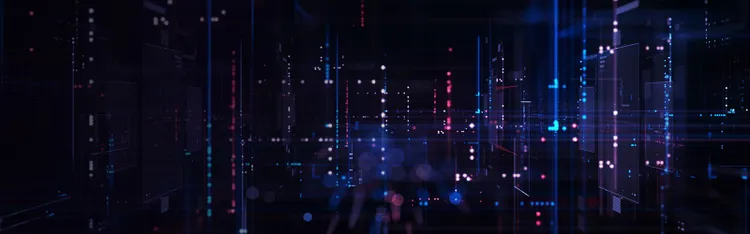 A dimly lit server room
