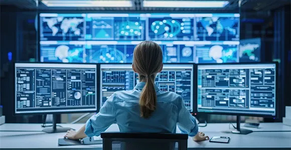 View of the back of a woman sitting in desk chair look at multiple monitors.