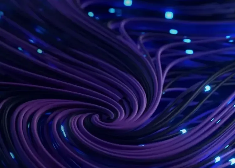 Abstract purple blue swirling lines with glowing nodes resembling data