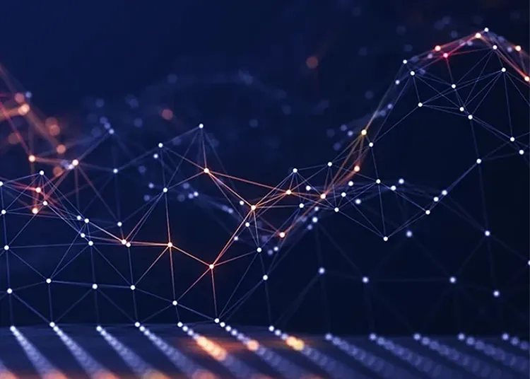 Abstract network connections with glowing nodes forming digital data pattern