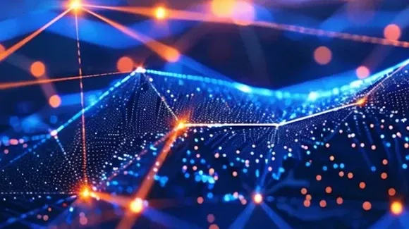 Digital network mesh with glowing nodes forming connected data landscape