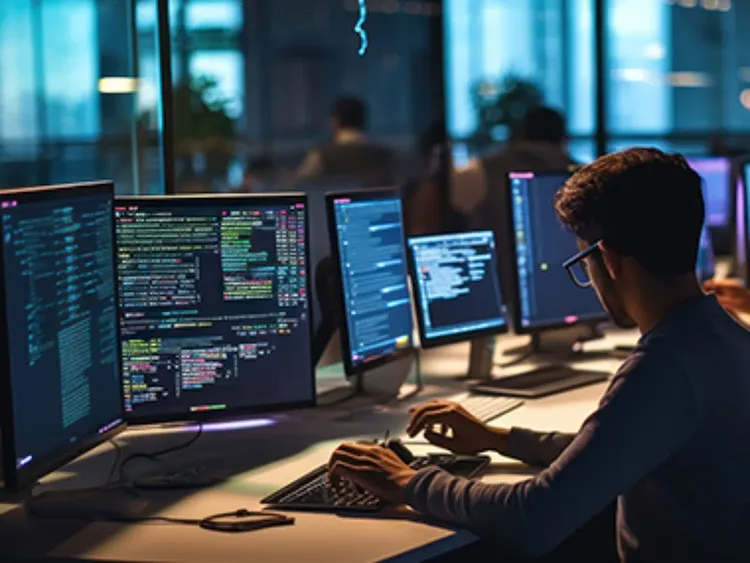 Person working at multiple monitors displaying code in modern workspace