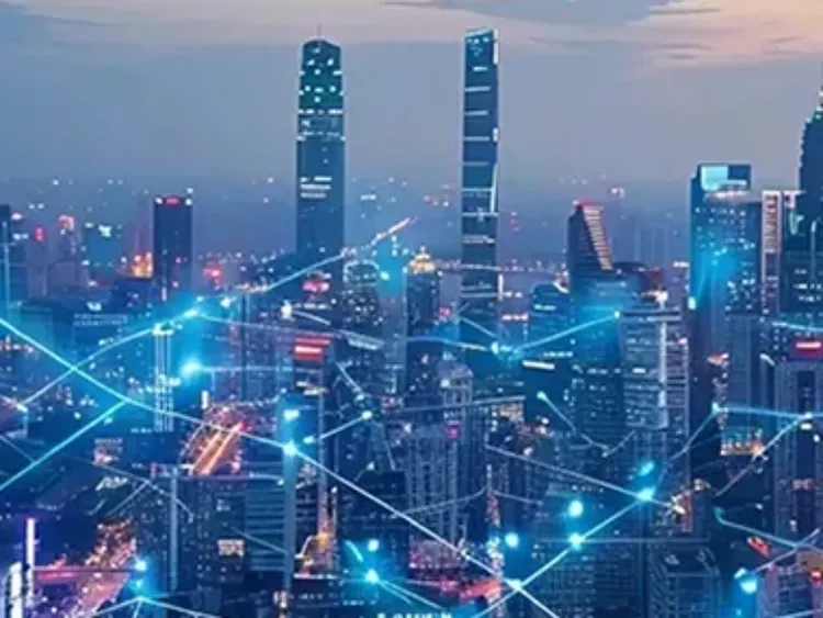 City skyline with glowing network connections linking buildings across urban landscape