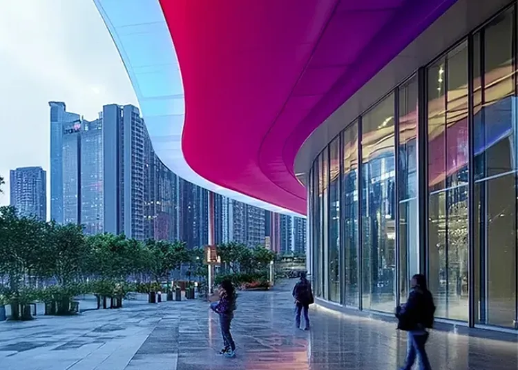 Modern building exterior with curved colorful roof and glass facade