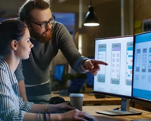 a man explaining to a woman looking at a monitor