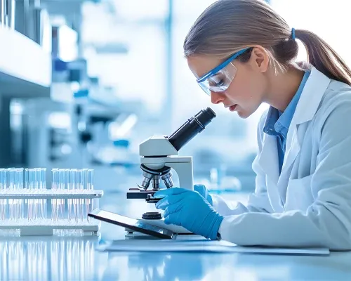 A woman wearing a lab coat peers into a microscope