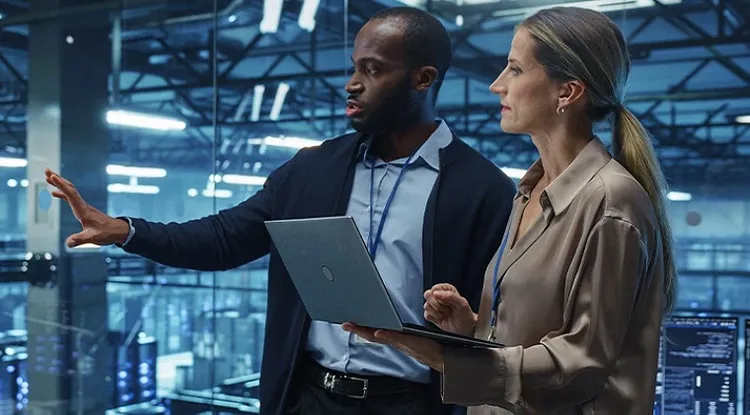 A man pointing and explaining something to a lady holding a laptop at work