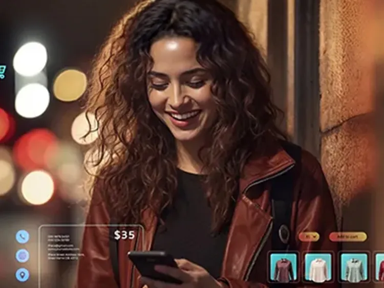 Person using mobile phone to browse clothing items with prices displayed