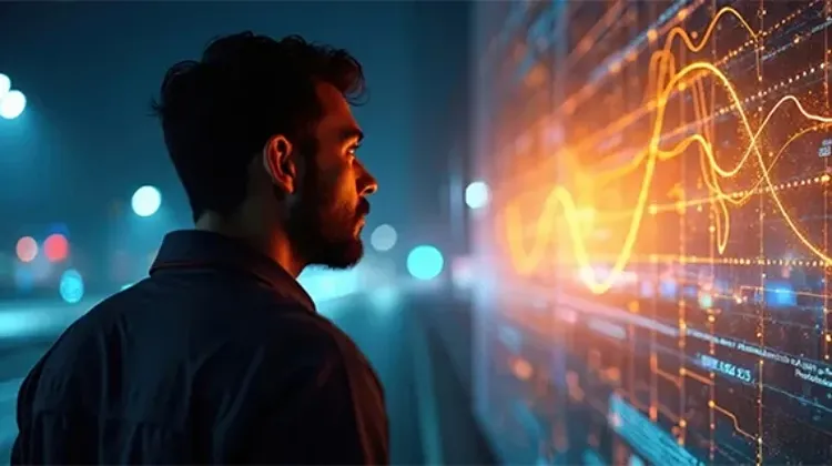 Person analyzing illuminated digital data display in a dark setting