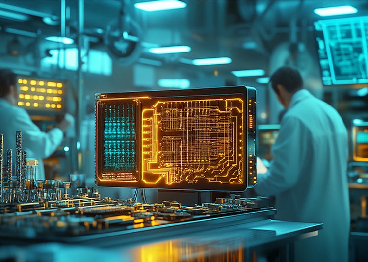 A technician wearing a lab coat working inside an integrated circuit factory
