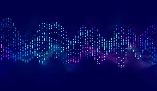 Abstract AI data visualization with blue and purple digital wave patterns.