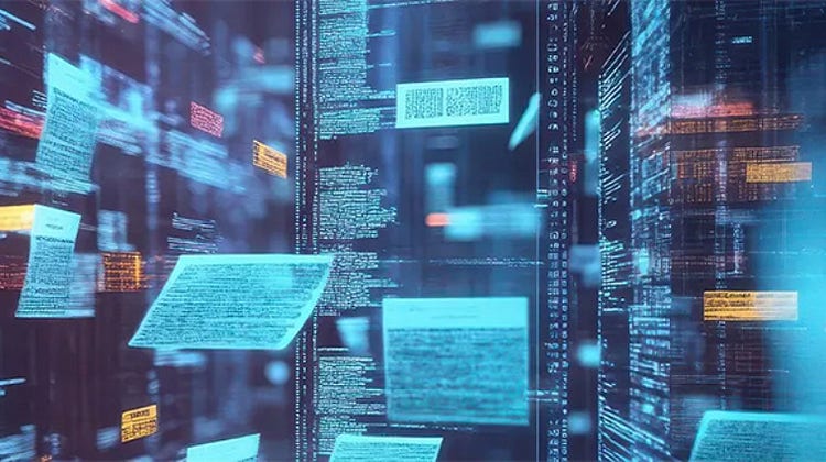 Floating digital data panels displaying code and information in blue