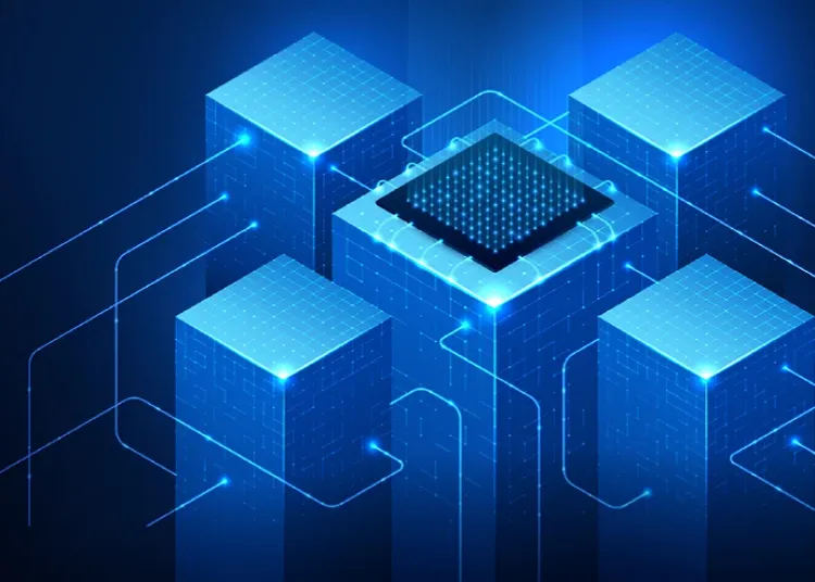 Abstract image of a processor like element over a blue block surrounded by more blocks