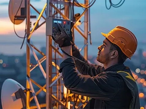 A telecom engineering fixing antennas on a tower