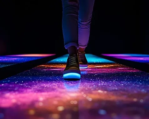 The bottom half pf a pair of legs, walking on a colorfully lit up pathway