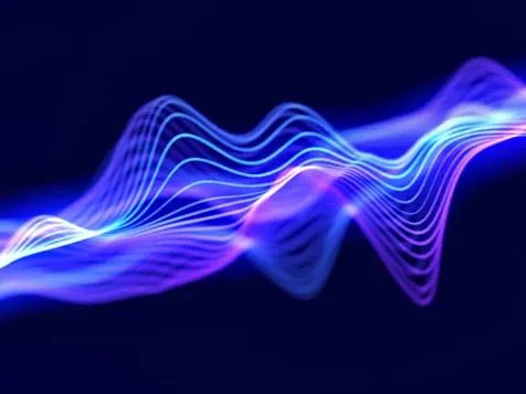 Illuminated blue wave light flows on dark background
