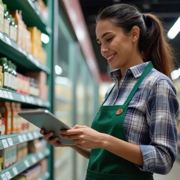 A smiling retail store worker holding a tablet next to a stack