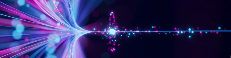 Abstract neon light streams converging into glowing data points background