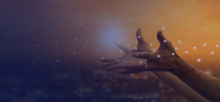 Two hands holding a circle which is connected with lines and dots.