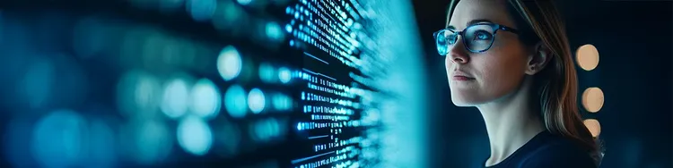 A woman looking at a digital glass screen