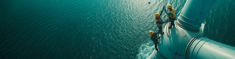 Three workers in safety gear inspect the top of an offshore wind turbine against a backdrop of the ocean.