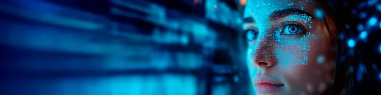 Woman's Face Illuminated by Glowing Blue Network