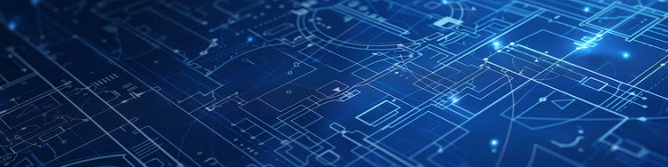Futuristic blue digital blueprint with glowing circuit-like lines
