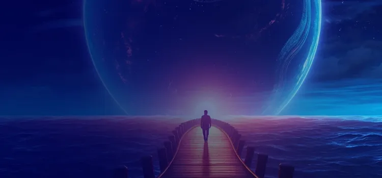 A photo of a person looking at the sea from a deck