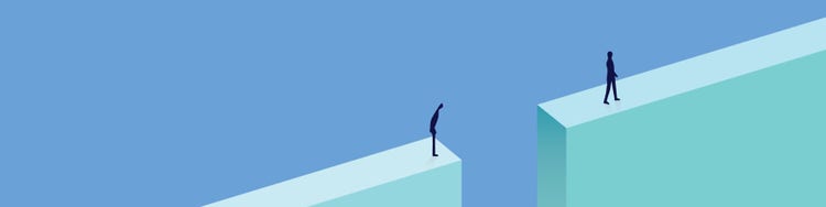 An abstract illustration of two silhouetted figures standing on separate elevated blocks, symbolizing a gap or divide.