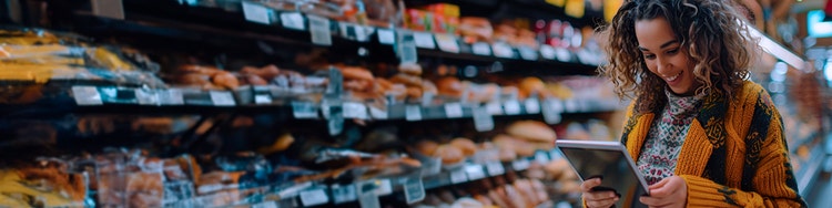 A woman holding tablet in a mart