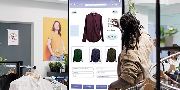 A person observes a clothing store on a screen, considering various apparel choices available.