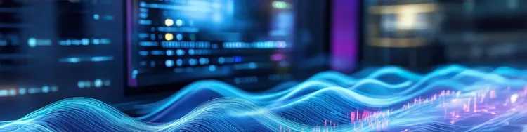 Blue digital waves flowing across futuristic data screens in background