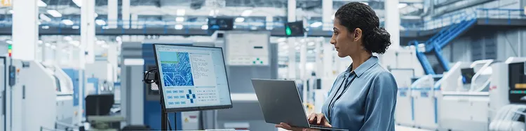 Electronics Manufacturing Technician Working on a Laptop Computer at a Factory Space.