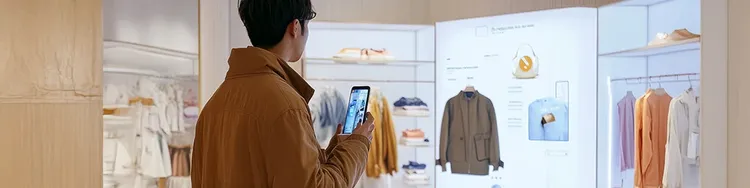 A man holding phone in a clothing store.