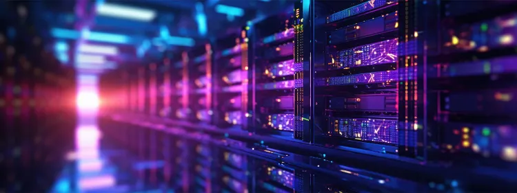 Two long rows of stacked servers with a light shining between them at the end of the rows