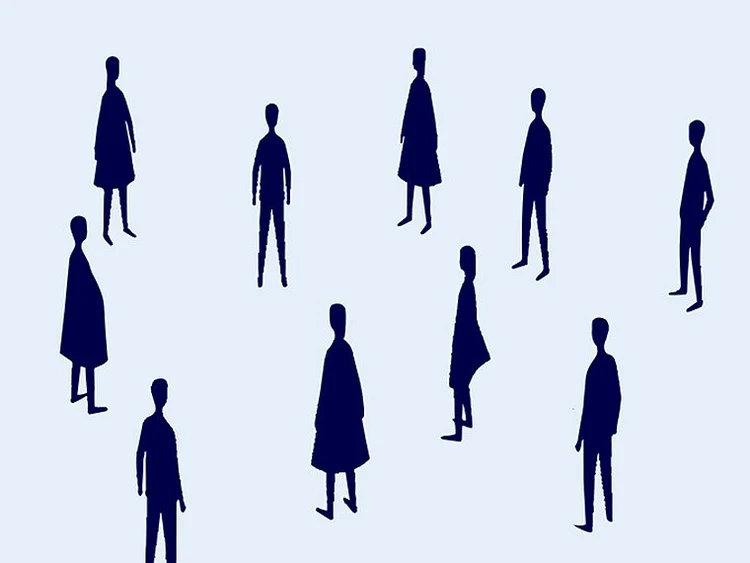 Ten dark navy silhouettes of standing people scattered across a light blue background, in varied poses and clothing (some in coats, some standing straight)
