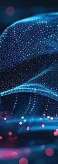 Digital waves of blue and red lights, creating a vibrant and colorful display.