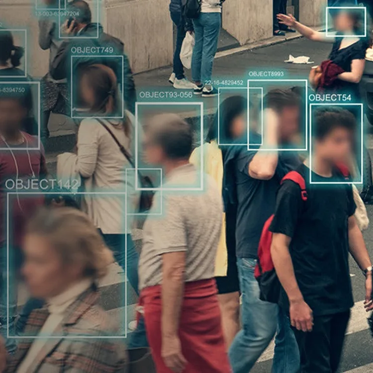 AI camera focusing on all the people walking across a street
