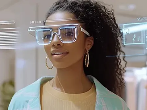 Young female wearing high tech glasses.