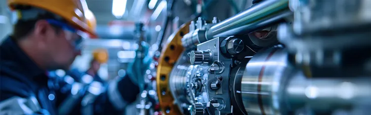 A manufacturing factory worker working on a machine wearing a yellow safety helmet and goggles