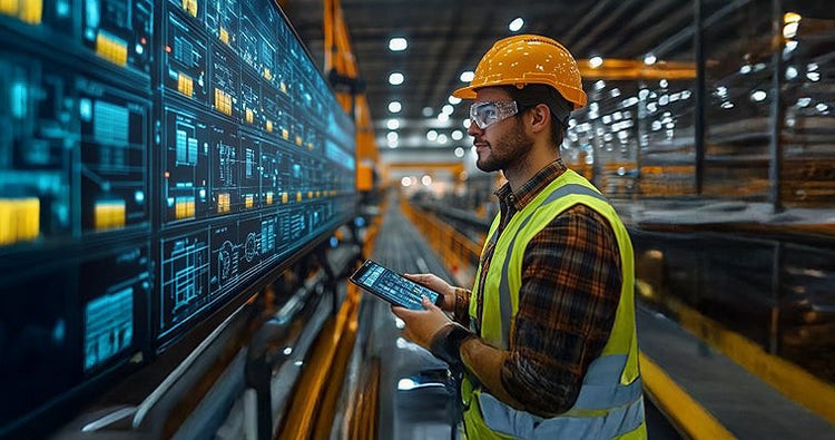 A male and female colleague looking at computer screen in a data center room.