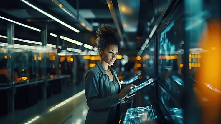 A female employee on her tablet looking screens in a data center room.