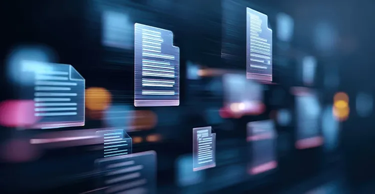 Abstract digital illustration featuring floating holographic documents in a blurred, dark space accented with vibrant blue and orange highlights.