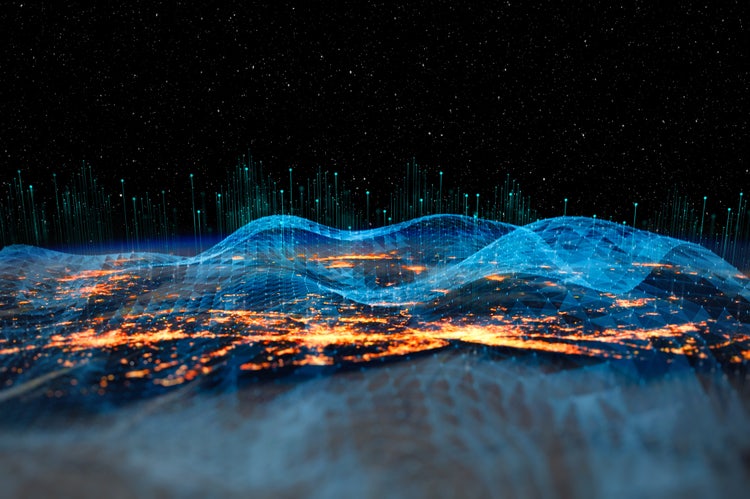 Abstract glowing data wave over illuminated digital landscape.