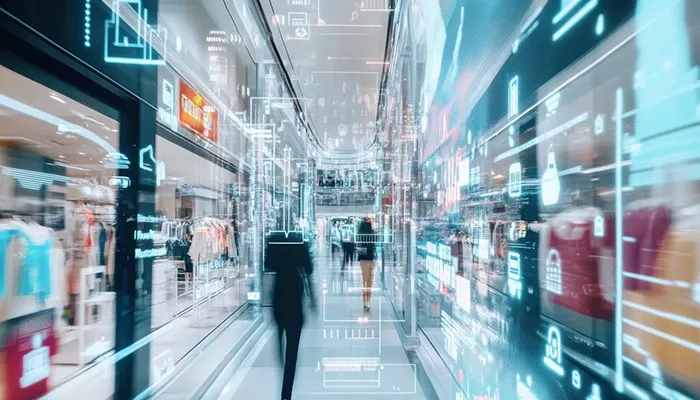 Futuristic shopping corridor with people and digital interface overlays