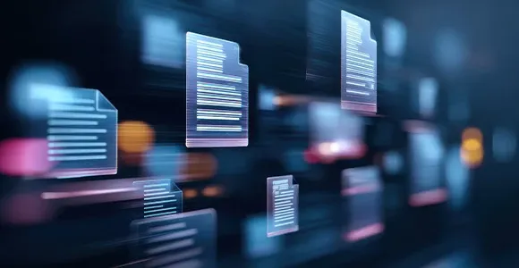 Floating digital documents displayed on futuristic blue interface.