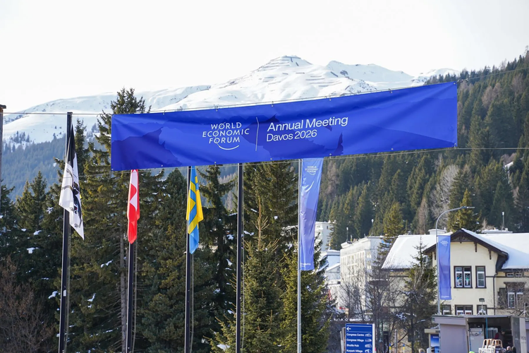 Banner for annual meeting in snowy mountain village with flags.
