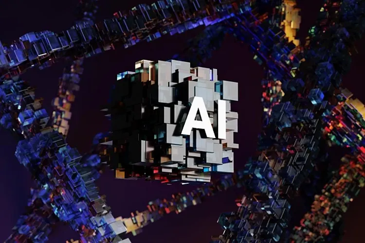 3D AI cube surrounded by colorful digital structures